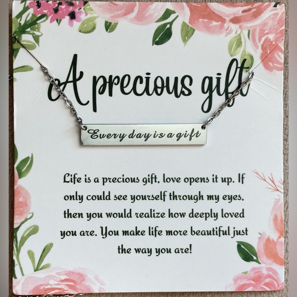 NEW Silver Bar Necklace Stainless Steel Reversible Every day is a gift, with you - Picture 2 of 6